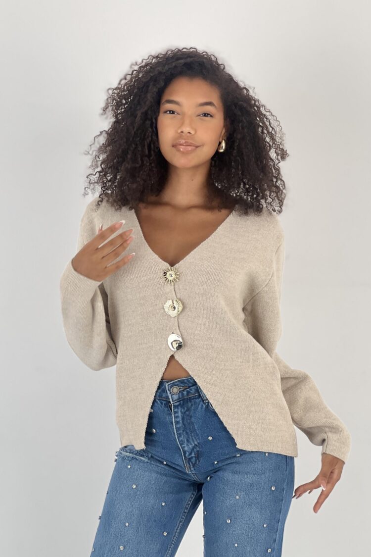 Beige Cardigan With Buttoned Closure And V-Neck - Brand: MISS POEM - Women & Kids, Baby Clothes Wholesale - Globality Store