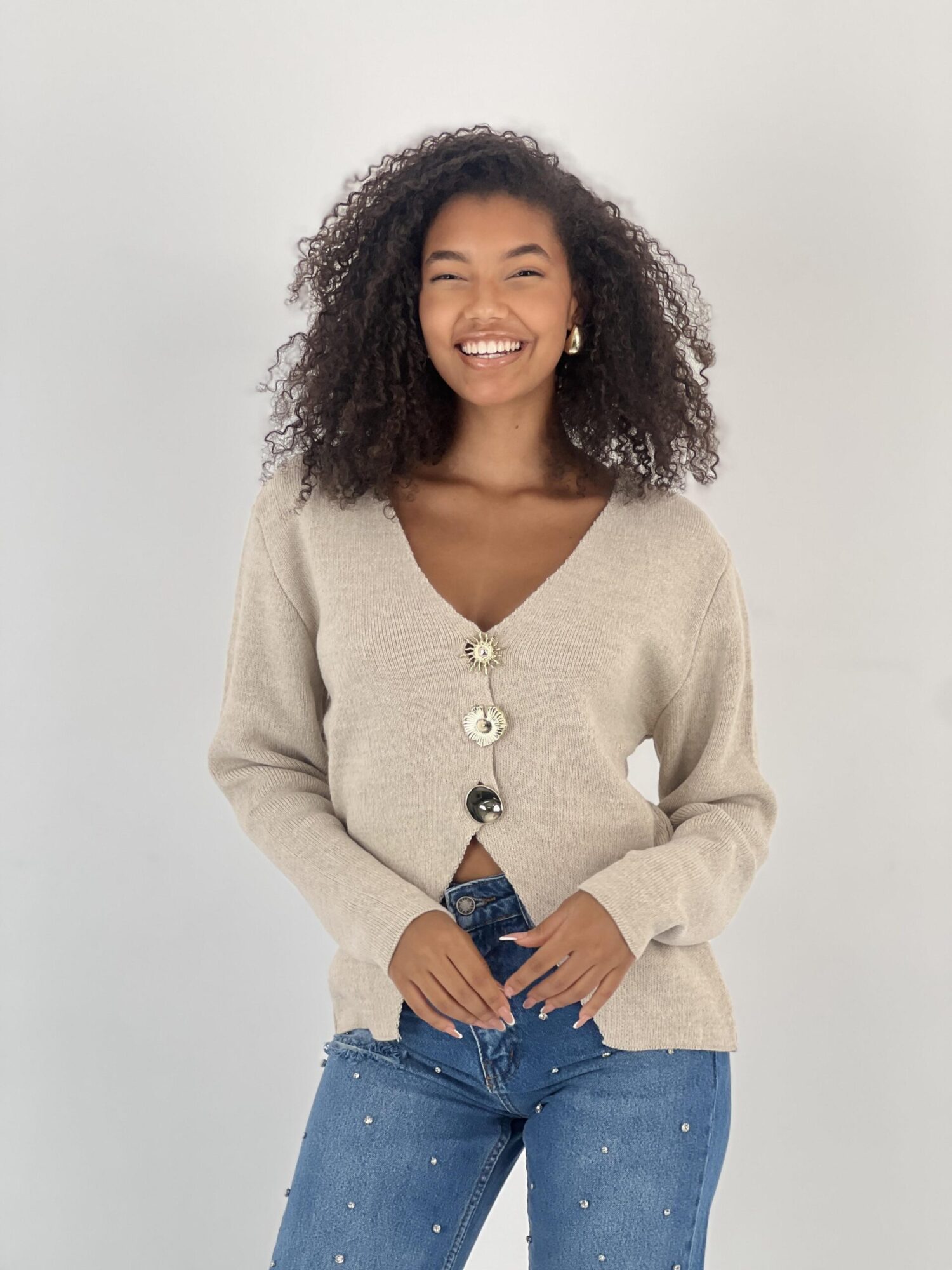 Beige Cardigan With Buttoned Closure And V-Neck - Brand: MISS POEM - Women & Kids, Baby Clothes Wholesale - Globality Store