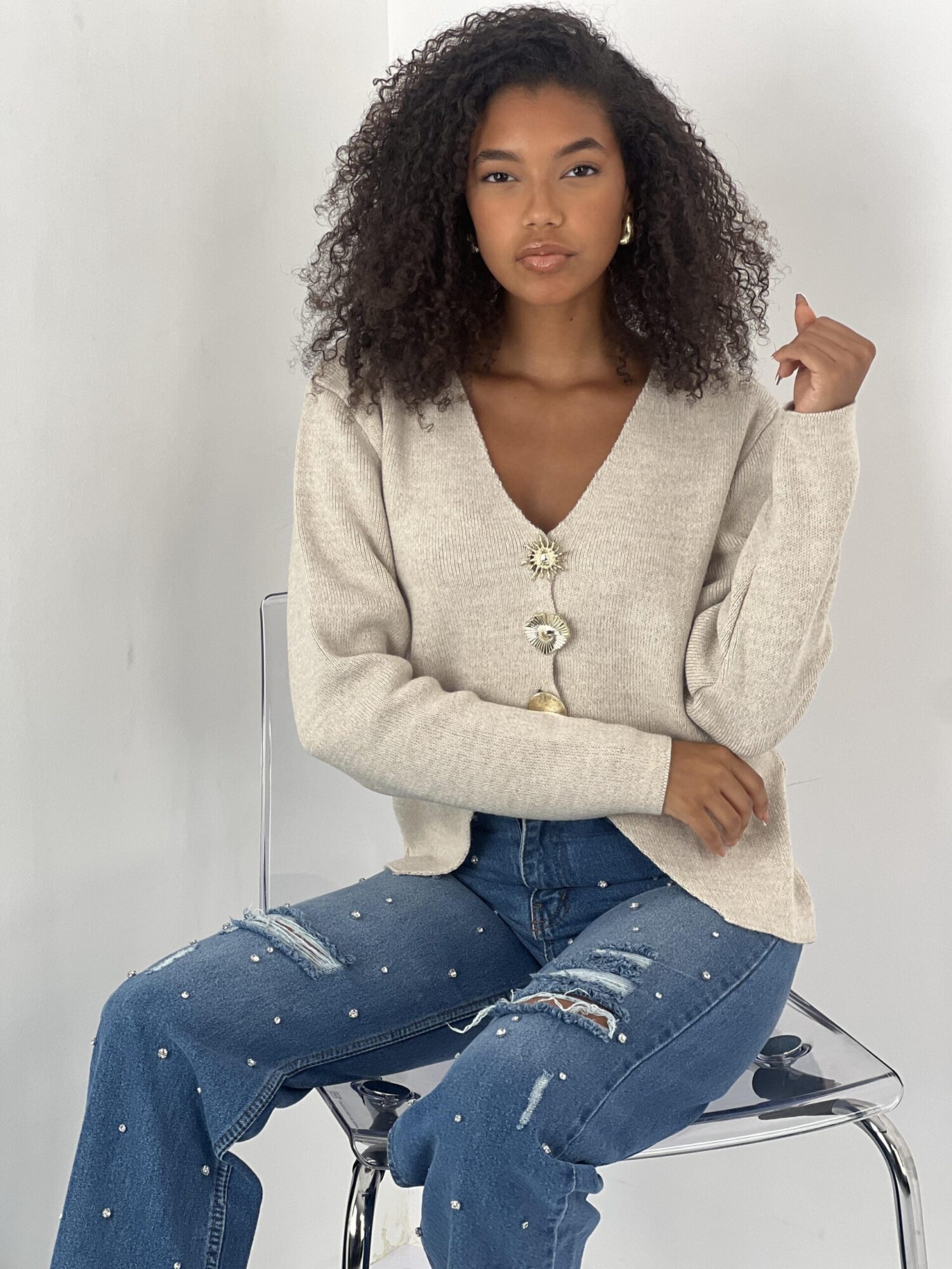 Beige Cardigan With Buttoned Closure And V-Neck - Brand: MISS POEM - Women & Kids, Baby Clothes Wholesale - Globality Store