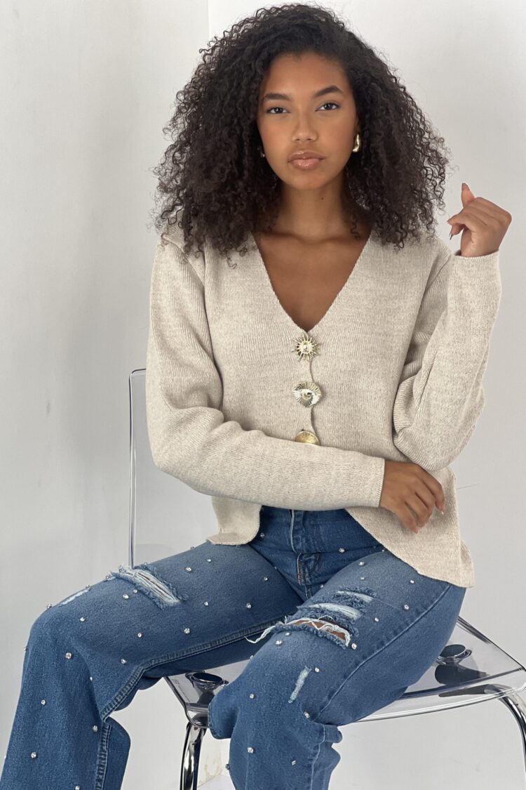 Beige Cardigan With Buttoned Closure And V-Neck