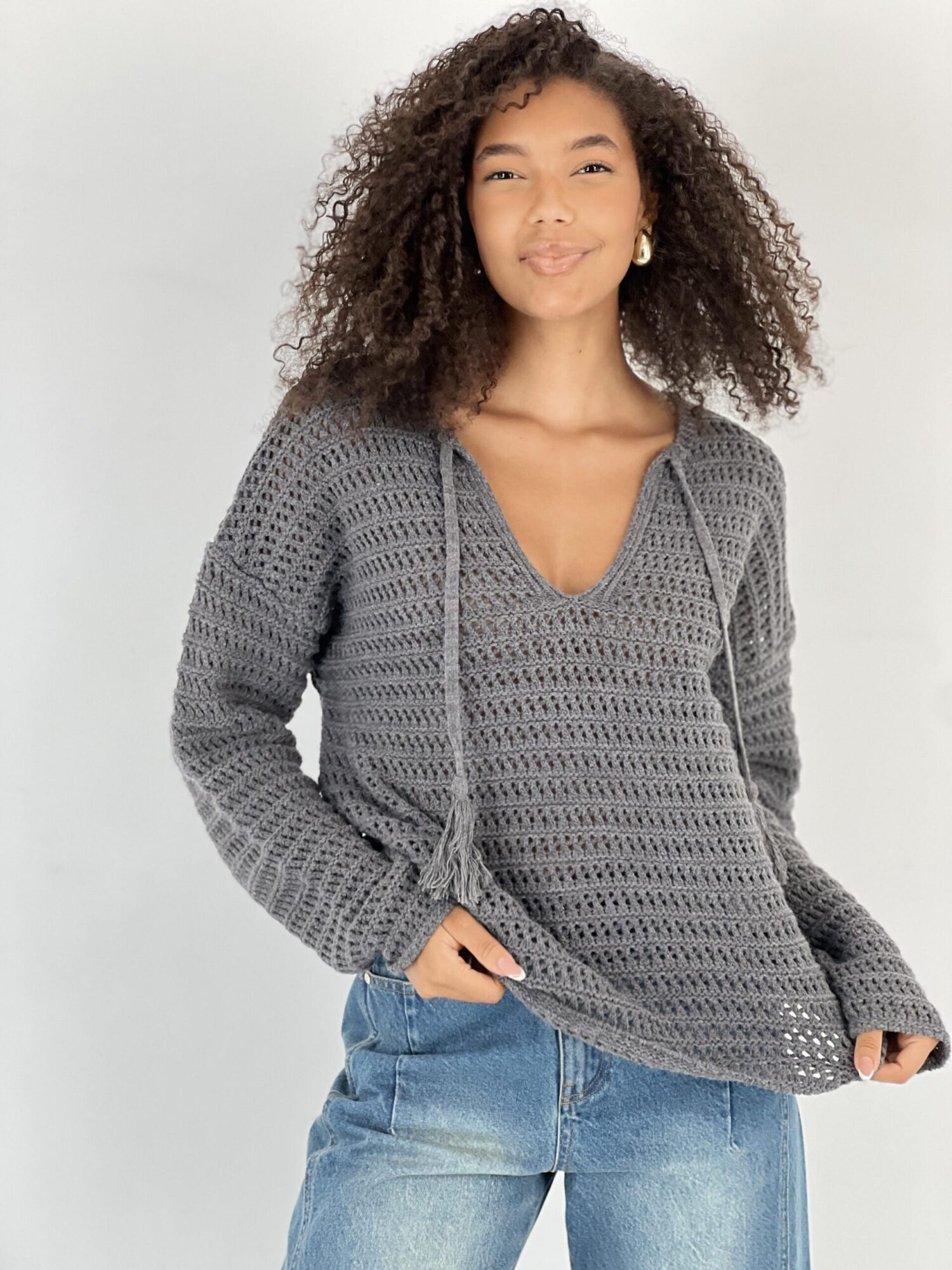 Grey Casual Boho V-Neck Sweater - Brand: MISS POEM - Women & Kids, Baby Clothes Wholesale - Globality Store
