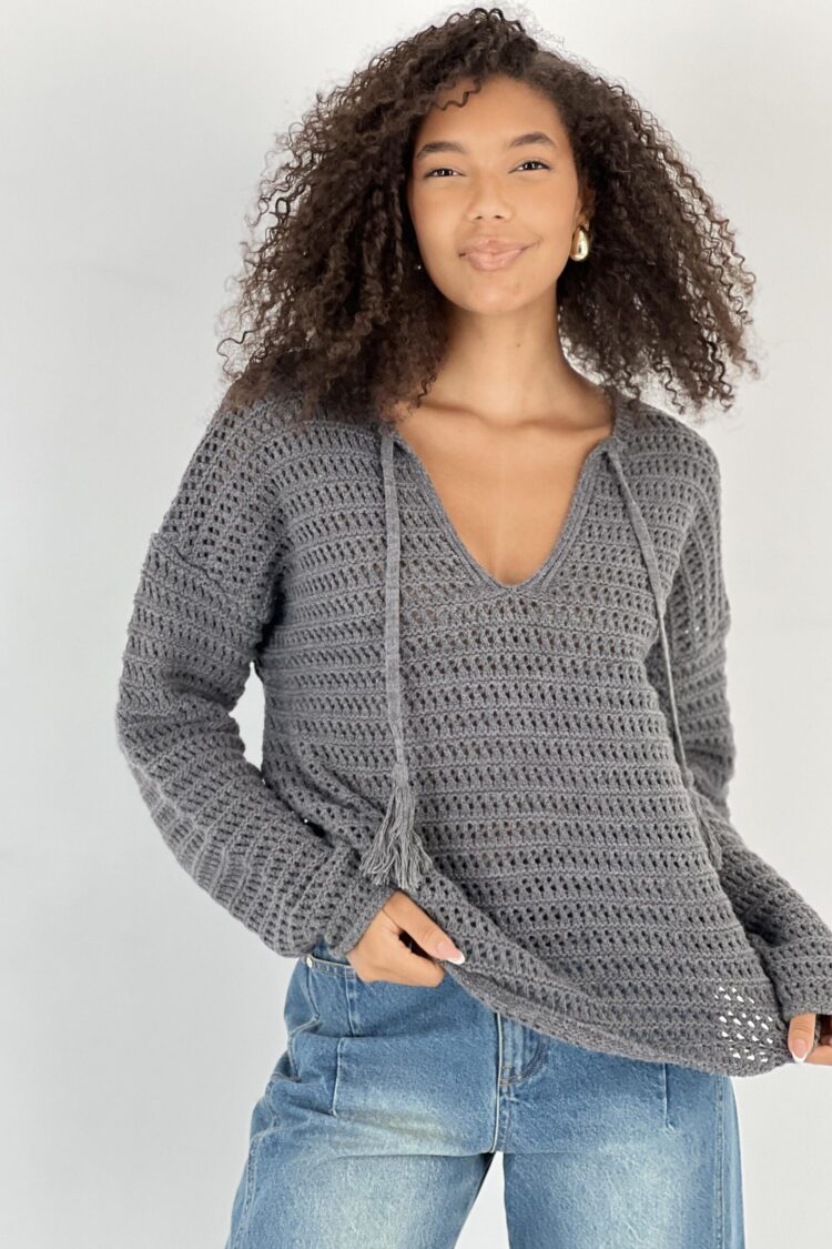 Grey Casual Boho V-Neck Sweater - Brand: MISS POEM - Women & Kids, Baby Clothes Wholesale - Globality Store