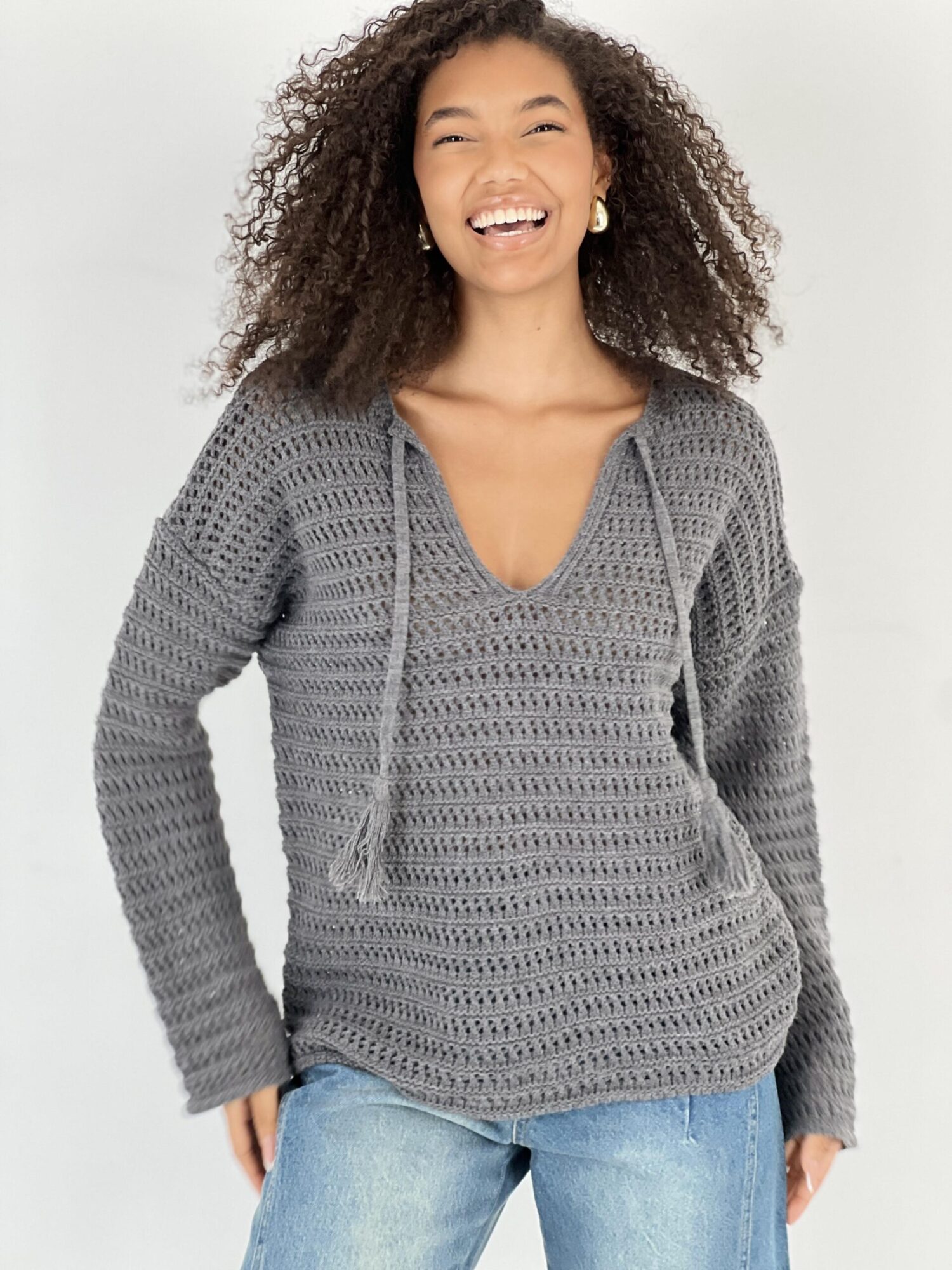 Grey Casual Boho V-Neck Sweater - Brand: MISS POEM - Women & Kids, Baby Clothes Wholesale - Globality Store