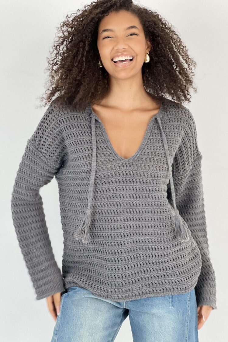 Grey Casual Boho V-Neck Sweater