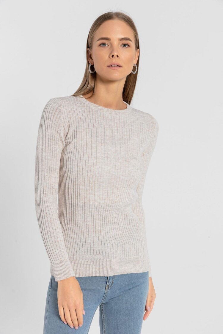 Beige Striped Slim Fit Sweater