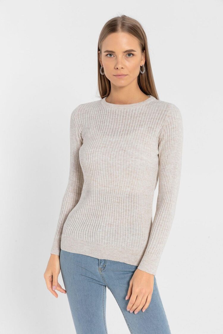 Beige Striped Slim Fit Sweater