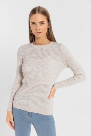 Beige Striped Slim Fit Sweater - Brand: MISS POEM - Women & Kids, Baby Clothes Wholesale - Globality Store