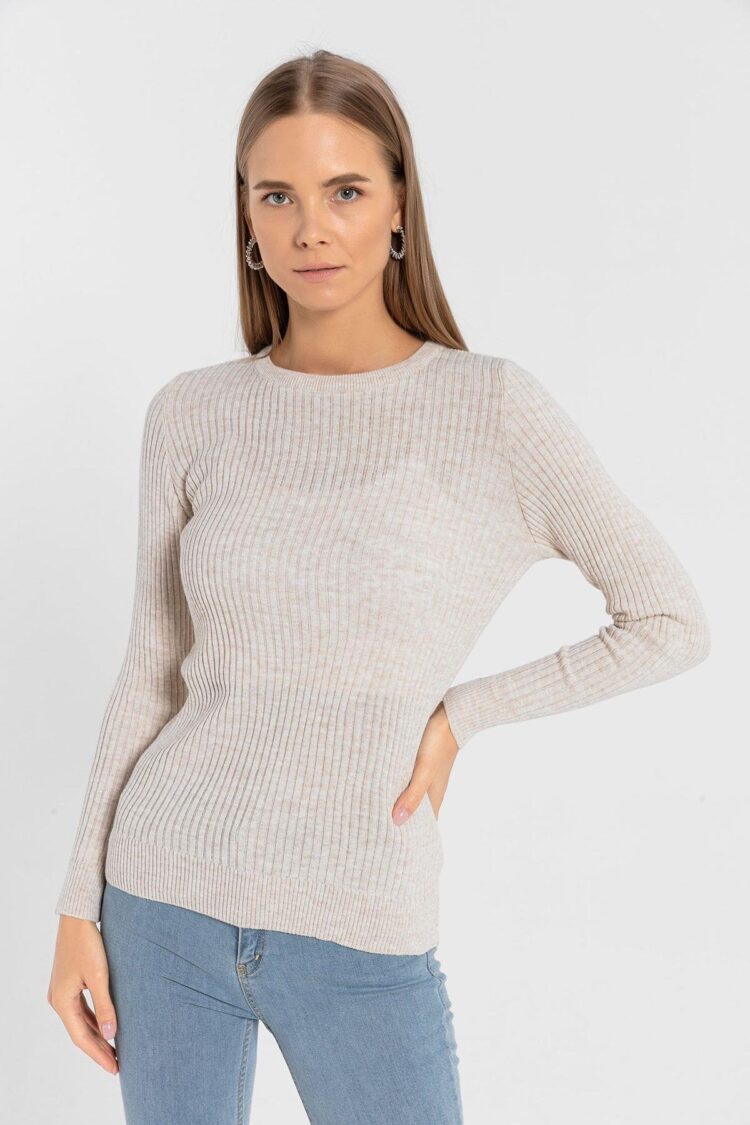 Beige Striped Slim Fit Sweater