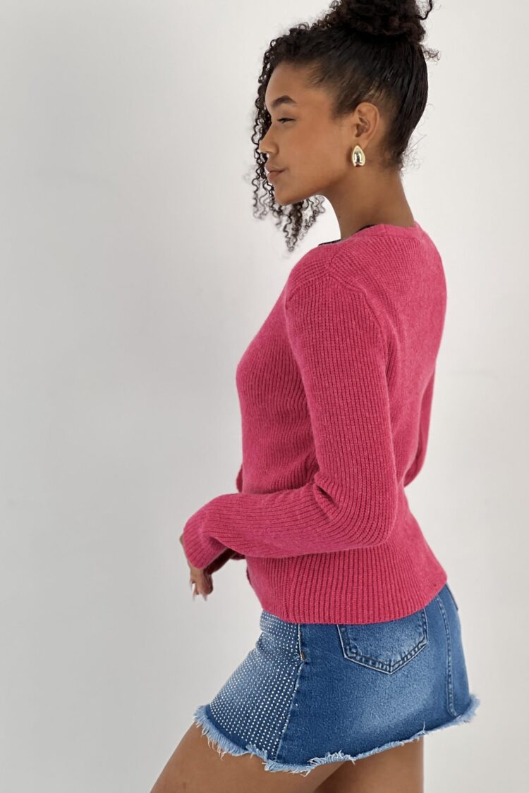 Fuchsia Cardigan With V-Neck And Buttoned Closure