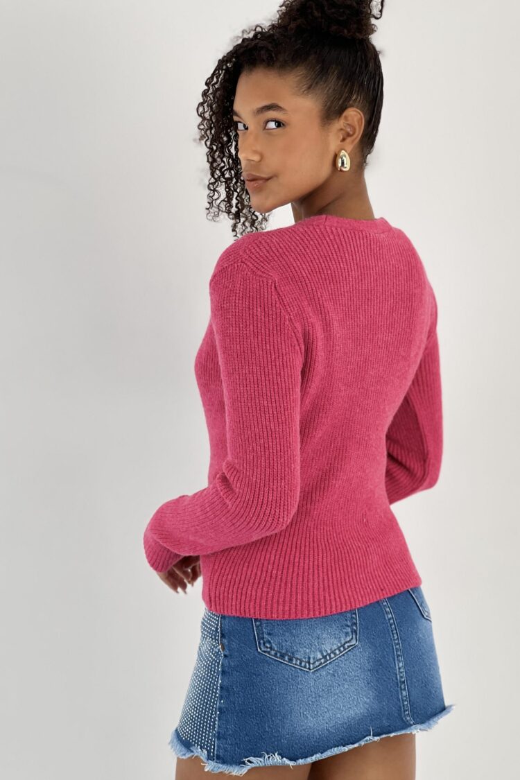 Fuchsia Cardigan With V-Neck And Buttoned Closure
