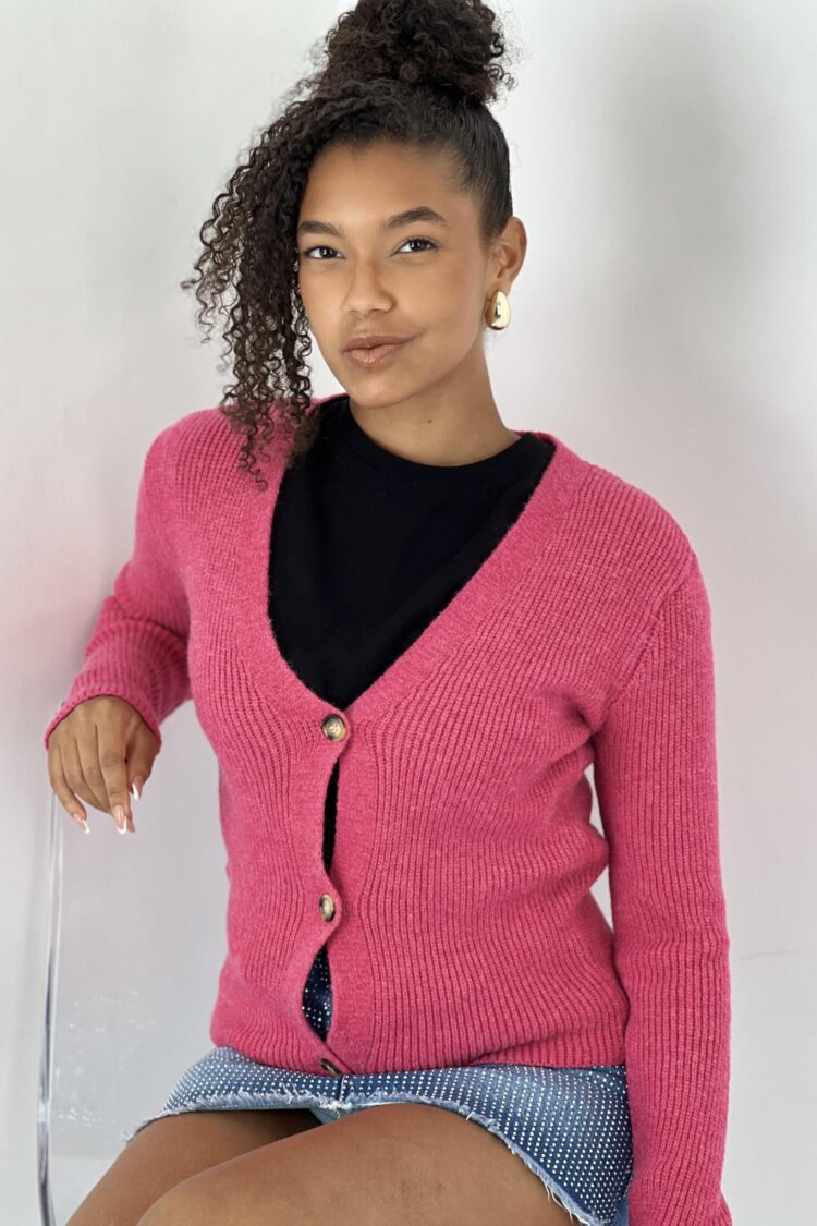 Fuchsia Cardigan With V-Neck And Buttoned Closure