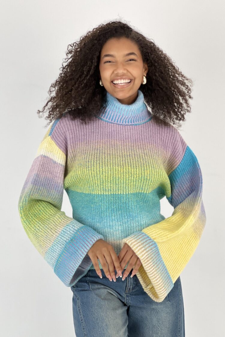 Blue Casual Boho Sweater With Ombre Pattern