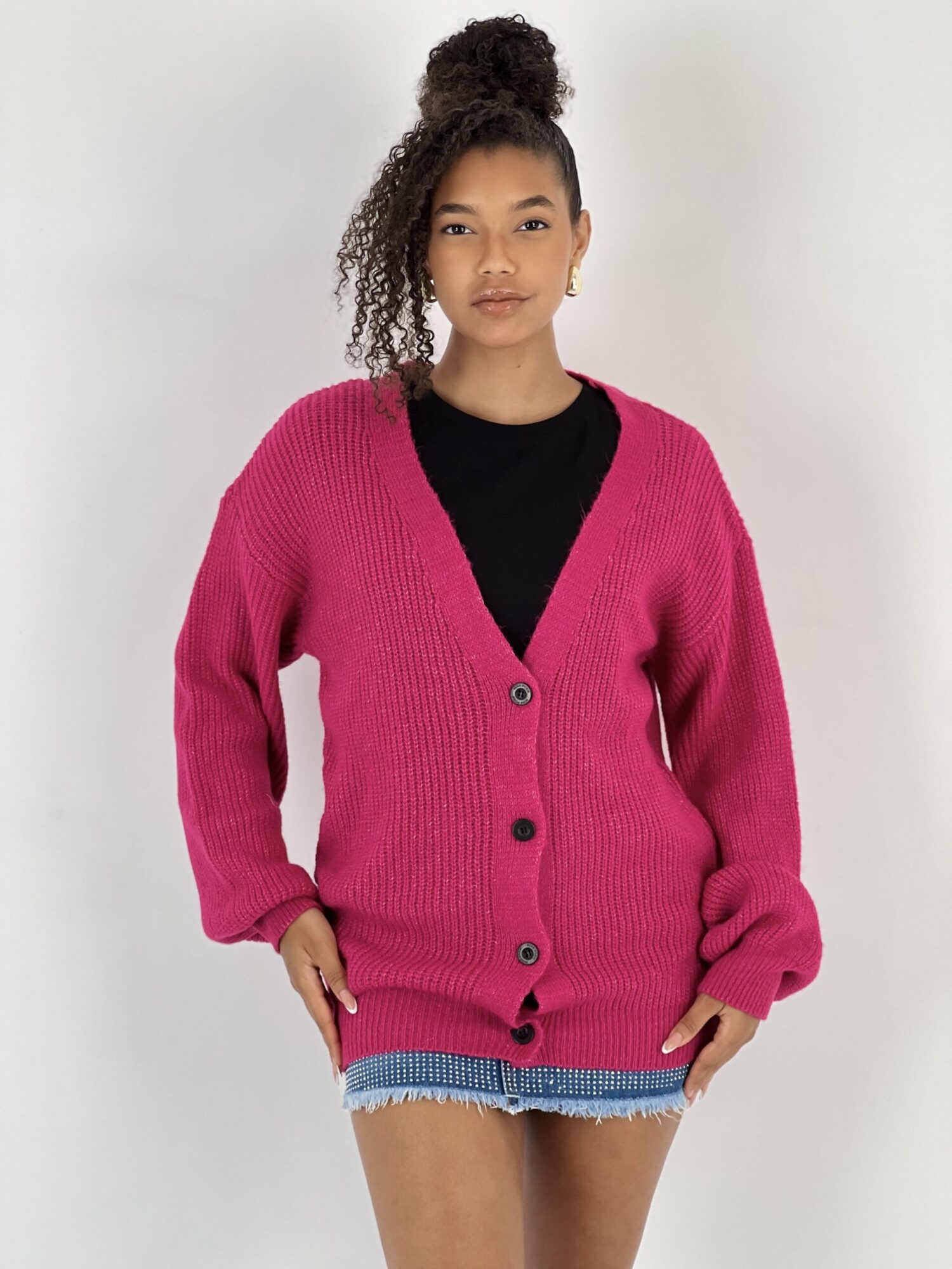 Fuchsia Cardigan Oversized Buttoned V-Neck Long Sleeve - Brand: MISS POEM - Women & Kids, Baby Clothes Wholesale - Globality Store