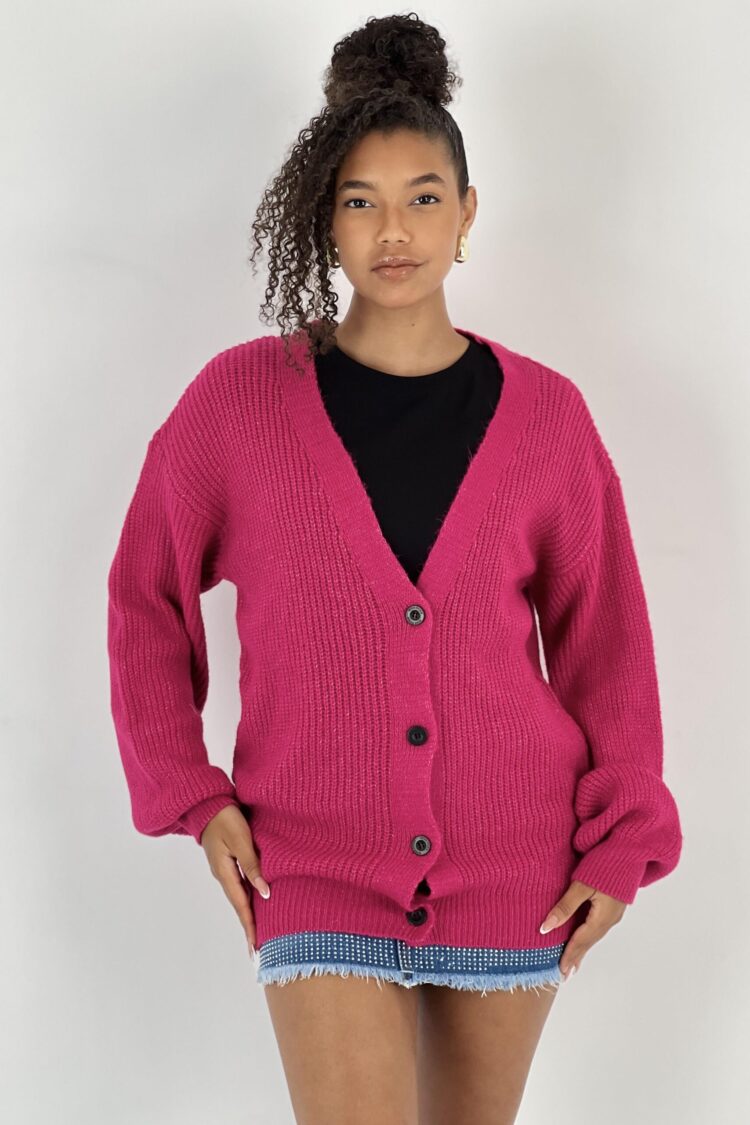 Fuchsia Cardigan Oversized Buttoned V-Neck Long Sleeve - Brand: MISS POEM - Women & Kids, Baby Clothes Wholesale - Globality Store