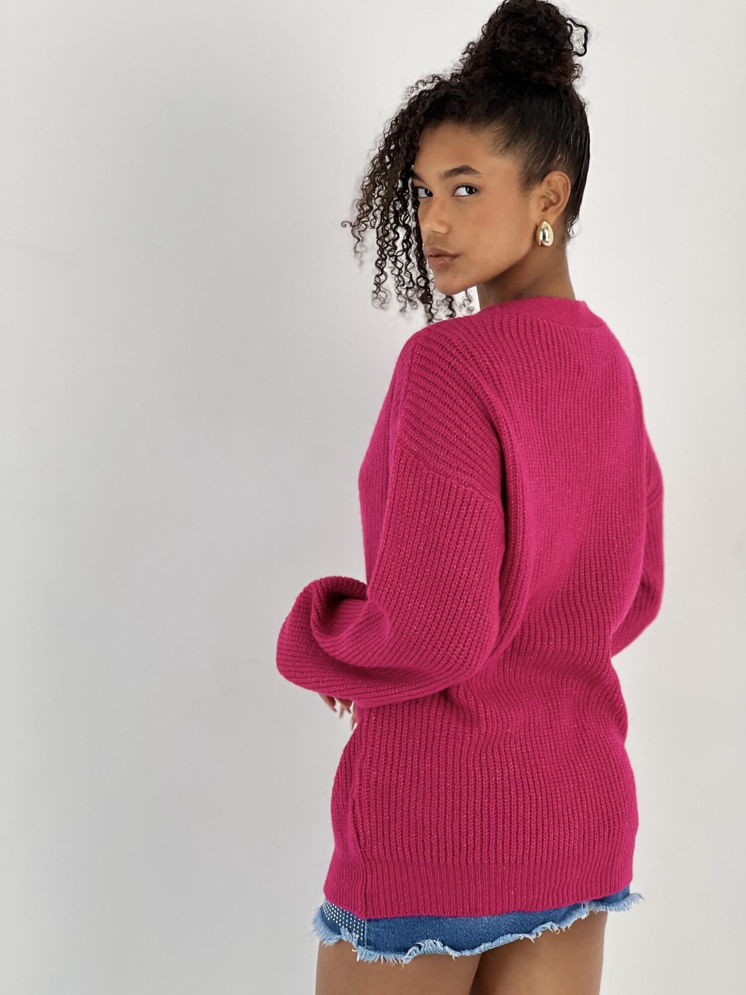 Fuchsia Cardigan Oversized Buttoned V-Neck Long Sleeve - Brand: MISS POEM - Women & Kids, Baby Clothes Wholesale - Globality Store