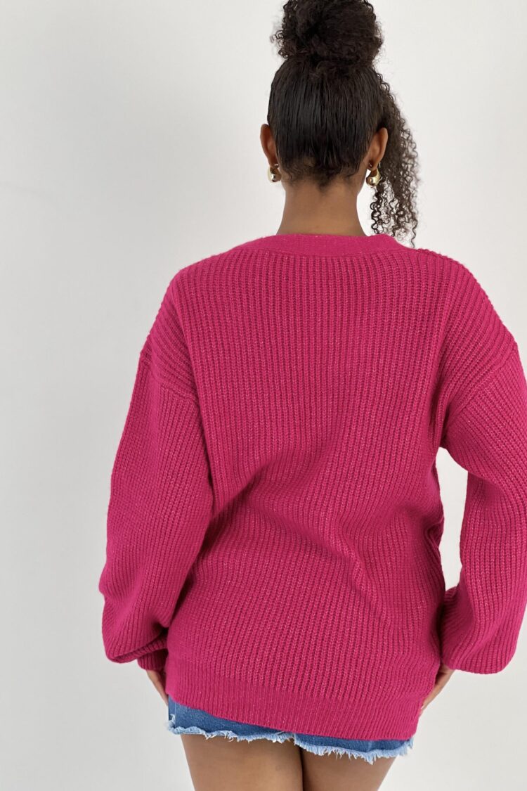 Fuchsia Cardigan Oversized Buttoned V-Neck Long Sleeve