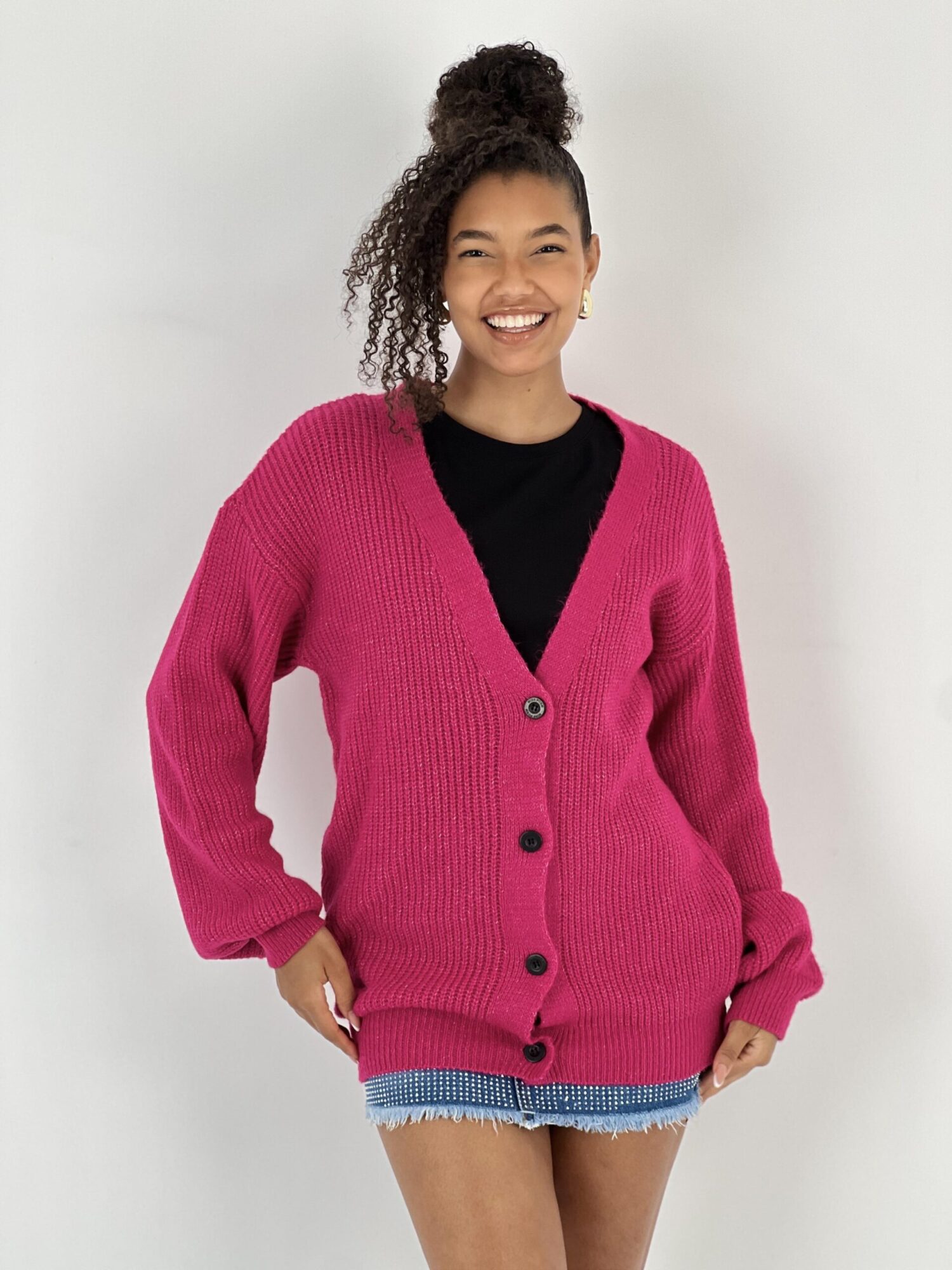 Fuchsia Cardigan Oversized Buttoned V-Neck Long Sleeve - Brand: MISS POEM - Women & Kids, Baby Clothes Wholesale - Globality Store
