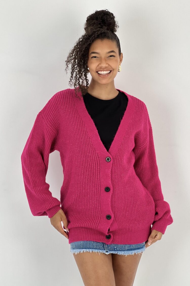 Fuchsia Cardigan Oversized Buttoned V-Neck Long Sleeve