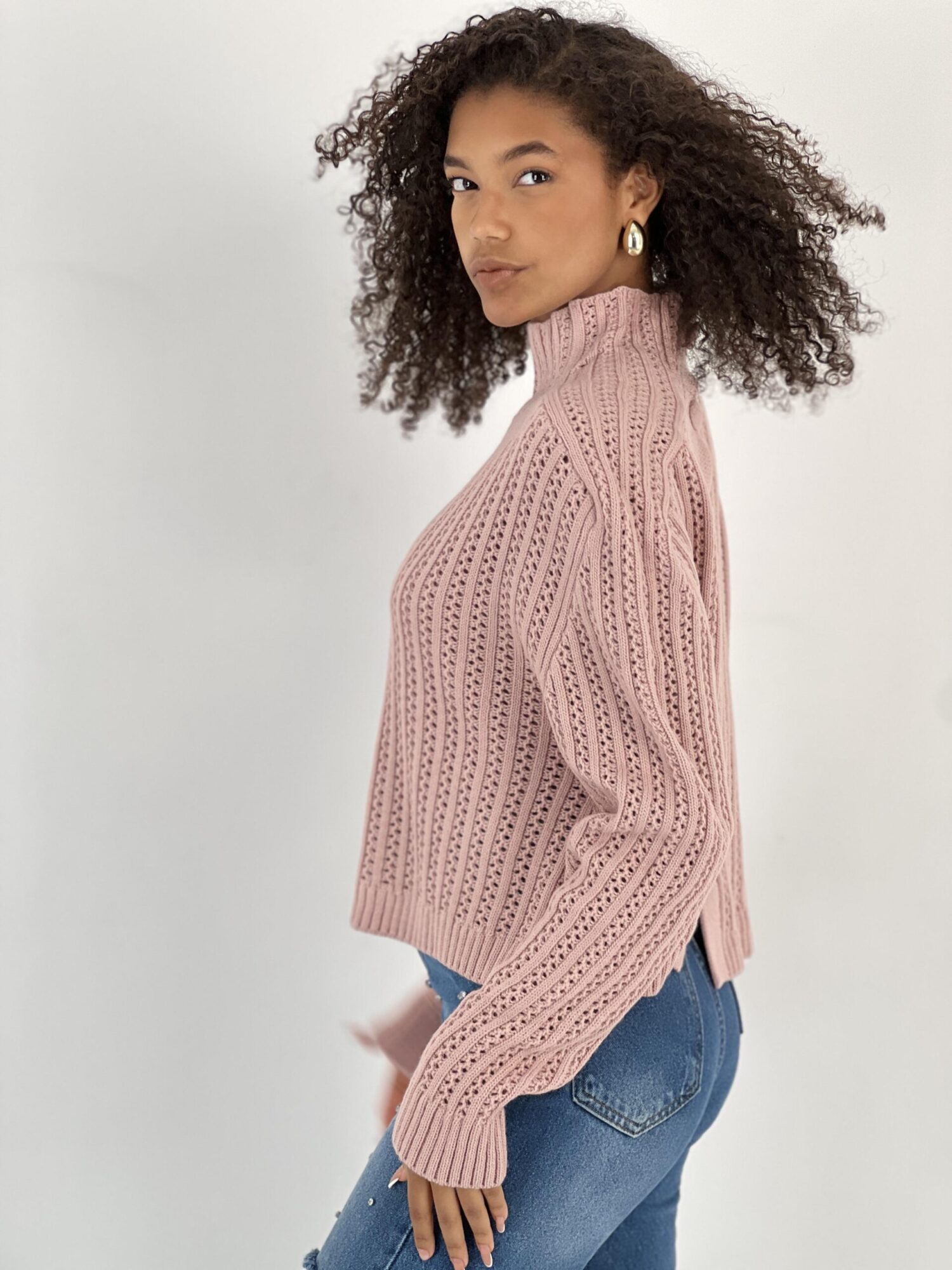 Pink Striped Sweater With High Neck And Long Sleeves - Brand: MISS POEM - Women & Kids, Baby Clothes Wholesale - Globality Store