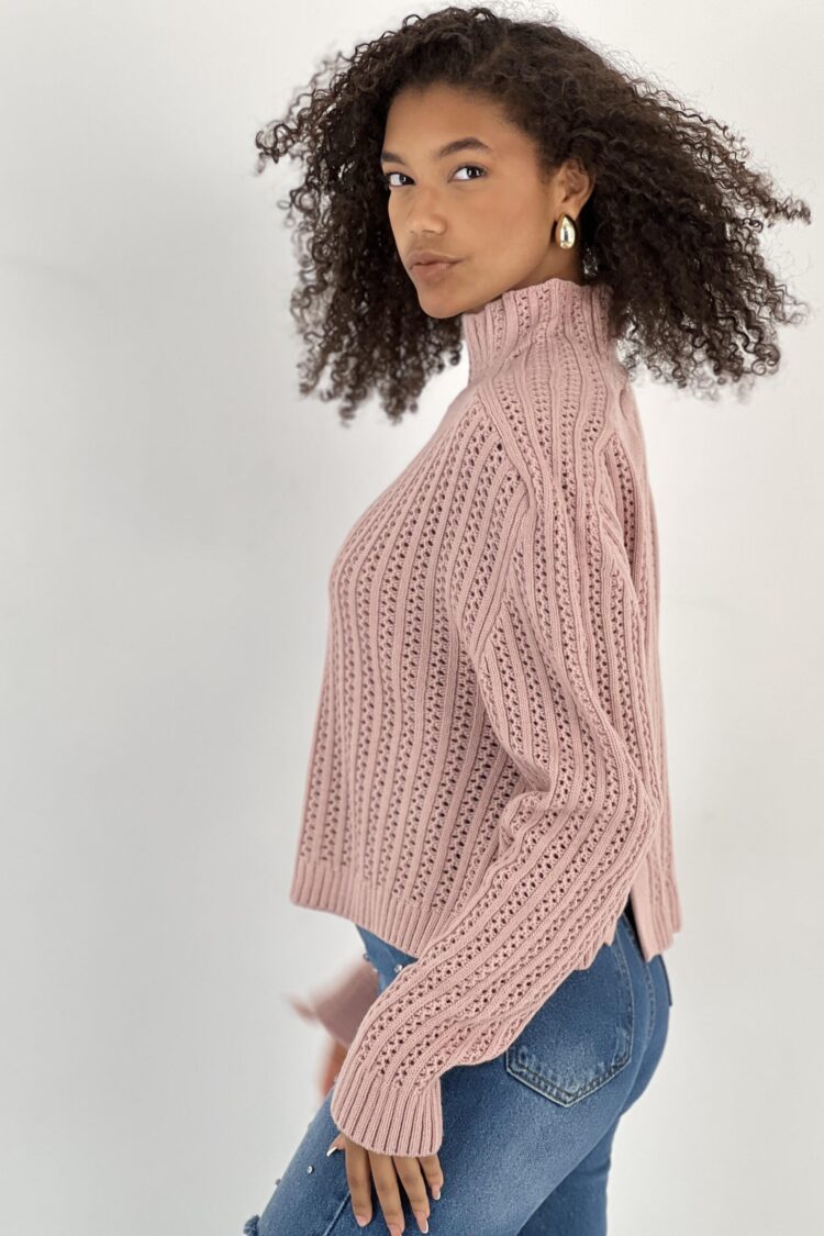 Pink Striped Sweater With High Neck And Long Sleeves