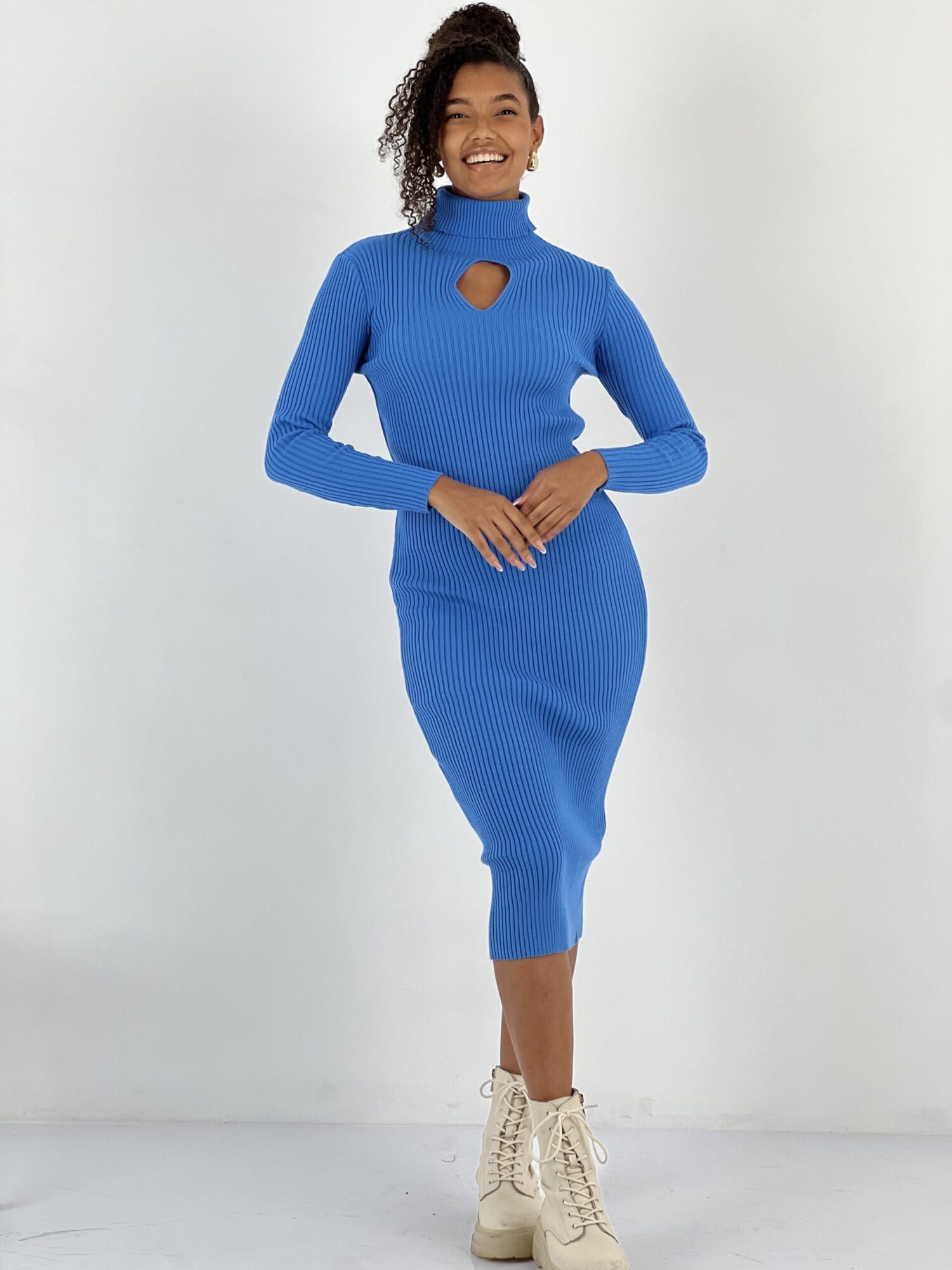Blue Sweater Dress With High Neck And Long Sleeves - Brand: MISS POEM - Women & Kids, Baby Clothes Wholesale - Globality Store