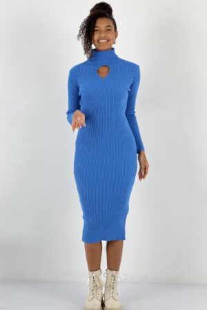 Blue Sweater Dress With High Neck And Long Sleeves - Brand: MISS POEM - Women & Kids, Baby Clothes Wholesale - Globality Store