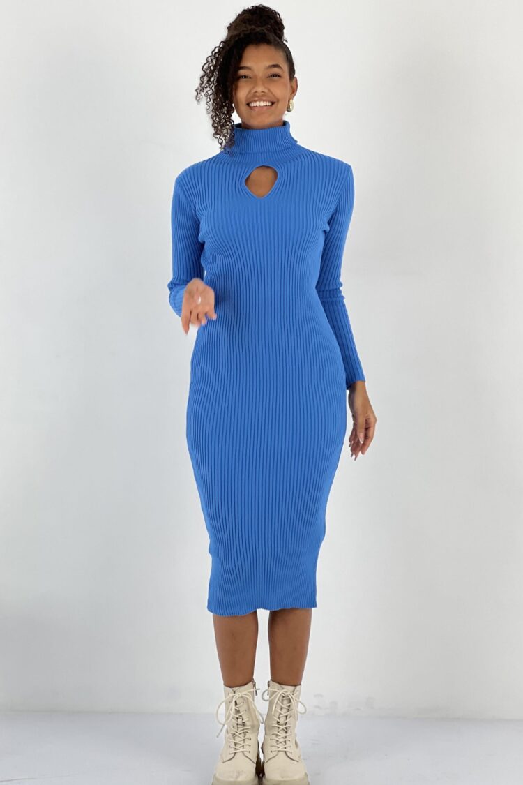 Blue Sweater Dress With High Neck And Long Sleeves