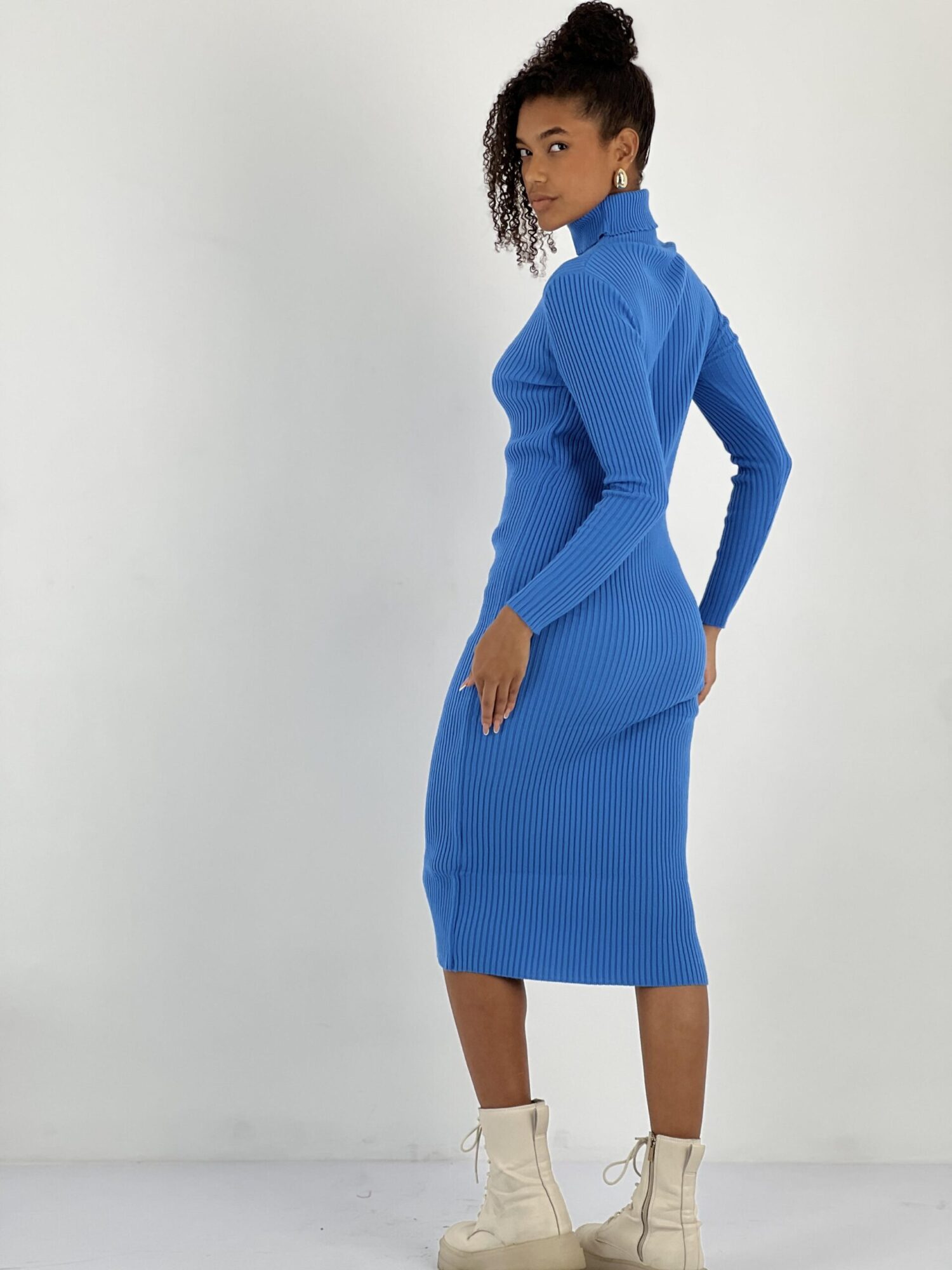 Blue Sweater Dress With High Neck And Long Sleeves - Brand: MISS POEM - Women & Kids, Baby Clothes Wholesale - Globality Store