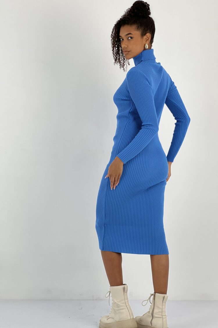 Blue Sweater Dress With High Neck And Long Sleeves