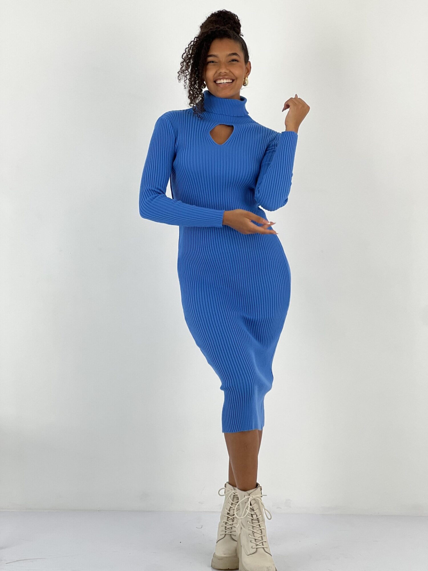 Blue Sweater Dress With High Neck And Long Sleeves - Brand: MISS POEM - Women & Kids, Baby Clothes Wholesale - Globality Store