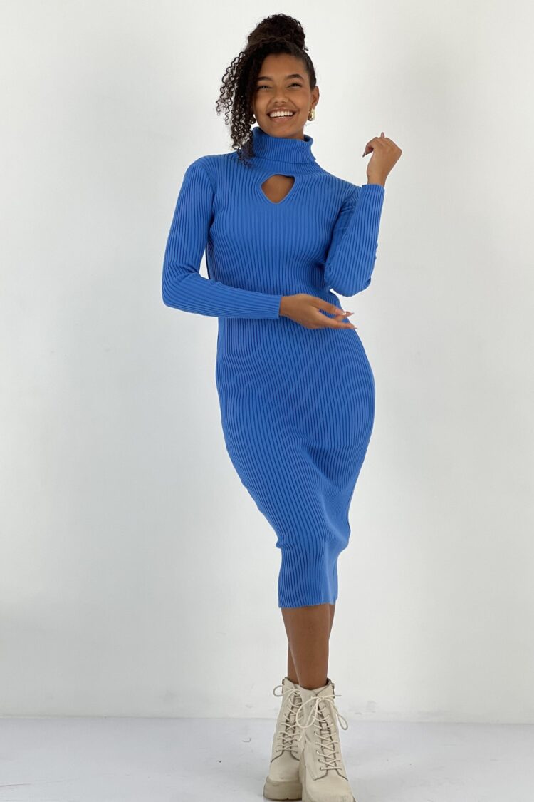 Blue Sweater Dress With High Neck And Long Sleeves