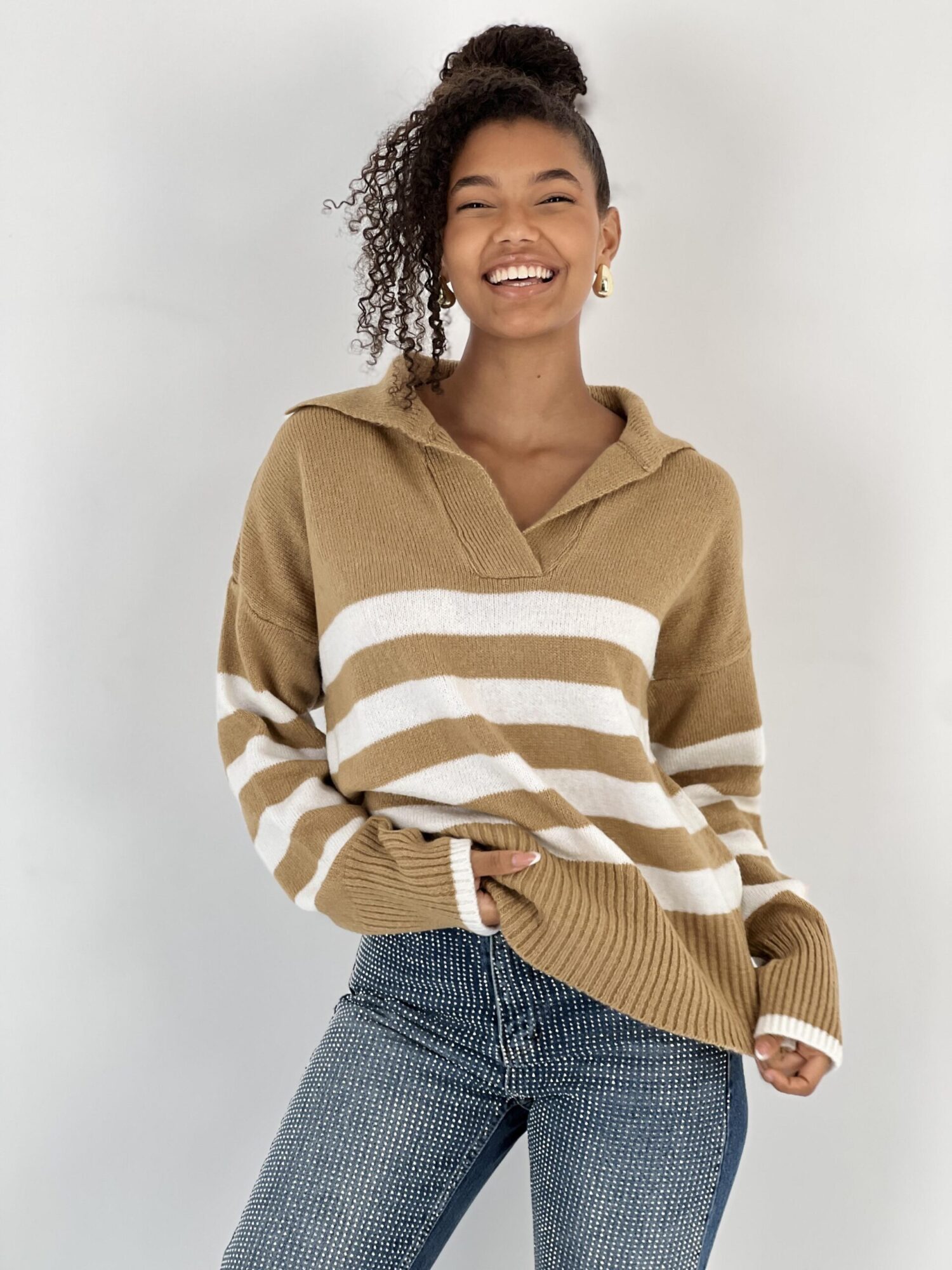 Beige Striped Oversized Sweater With Notched Neck - Brand: MISS POEM - Women & Kids, Baby Clothes Wholesale - Globality Store
