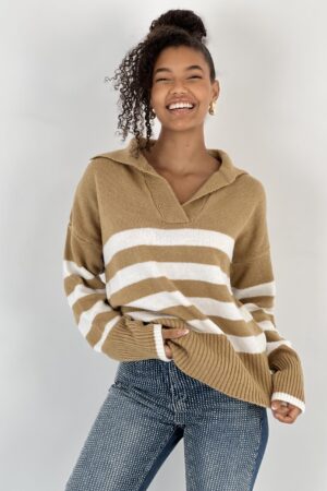Beige Striped Oversized Sweater With Notched Neck - Brand: MISS POEM - Women & Kids, Baby Clothes Wholesale - Globality Store