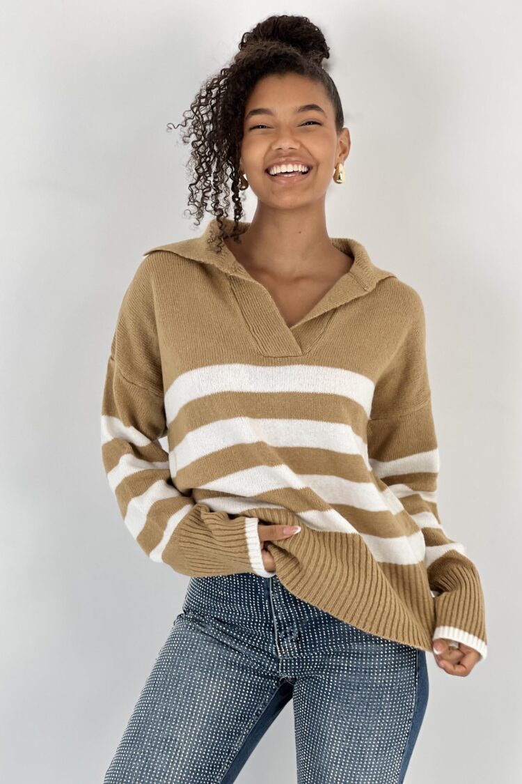 Beige Striped Oversized Sweater With Notched Neck - Brand: MISS POEM - Women & Kids, Baby Clothes Wholesale - Globality Store