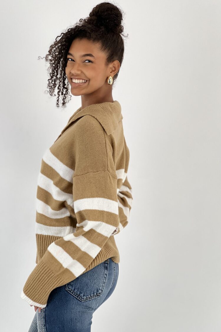 Beige Striped Oversized Sweater With Notched Neck