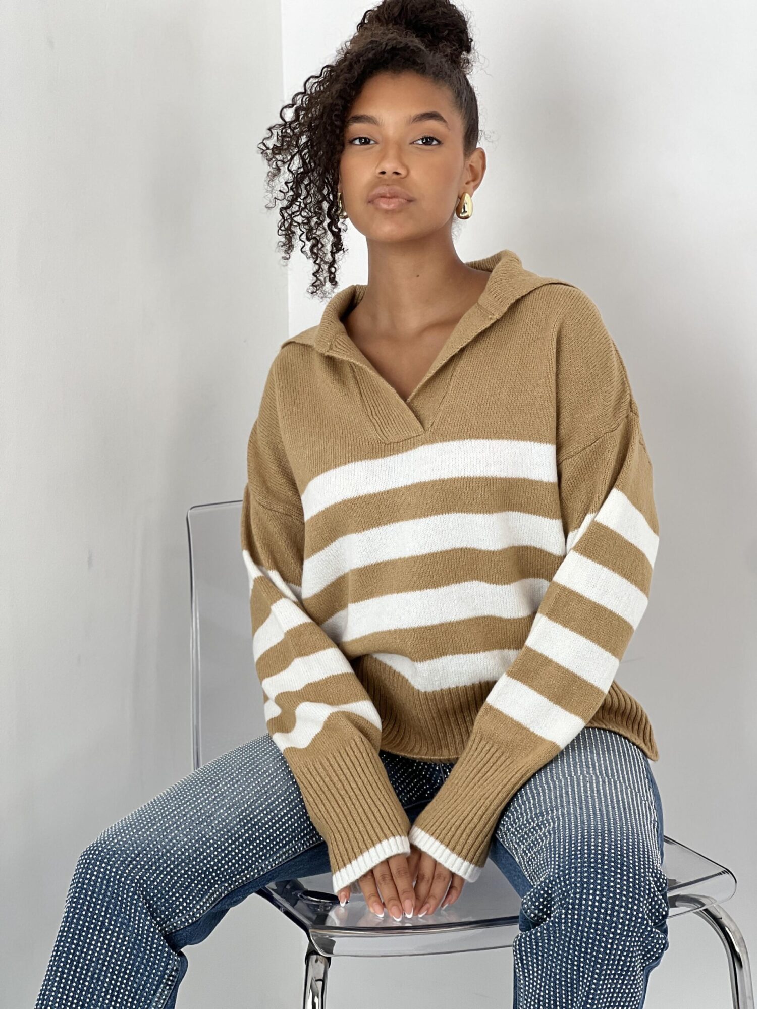Beige Striped Oversized Sweater With Notched Neck - Brand: MISS POEM - Women & Kids, Baby Clothes Wholesale - Globality Store