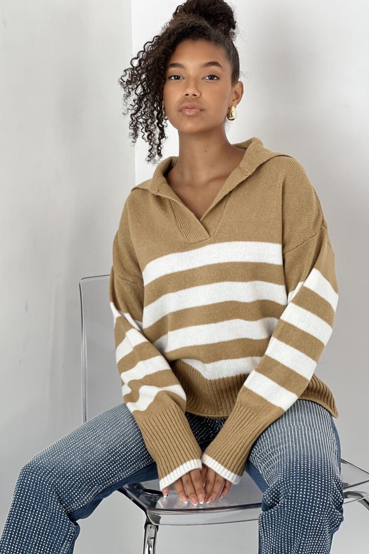 Beige Striped Oversized Sweater With Notched Neck