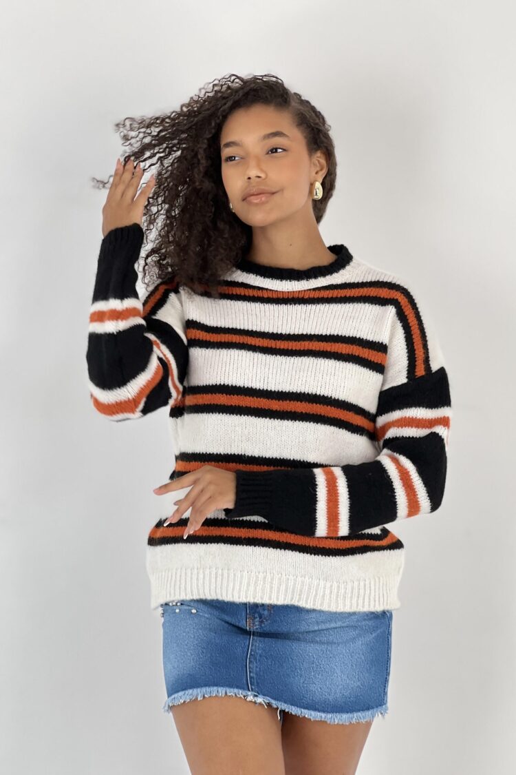 White Striped Casual Streetwear Sweater