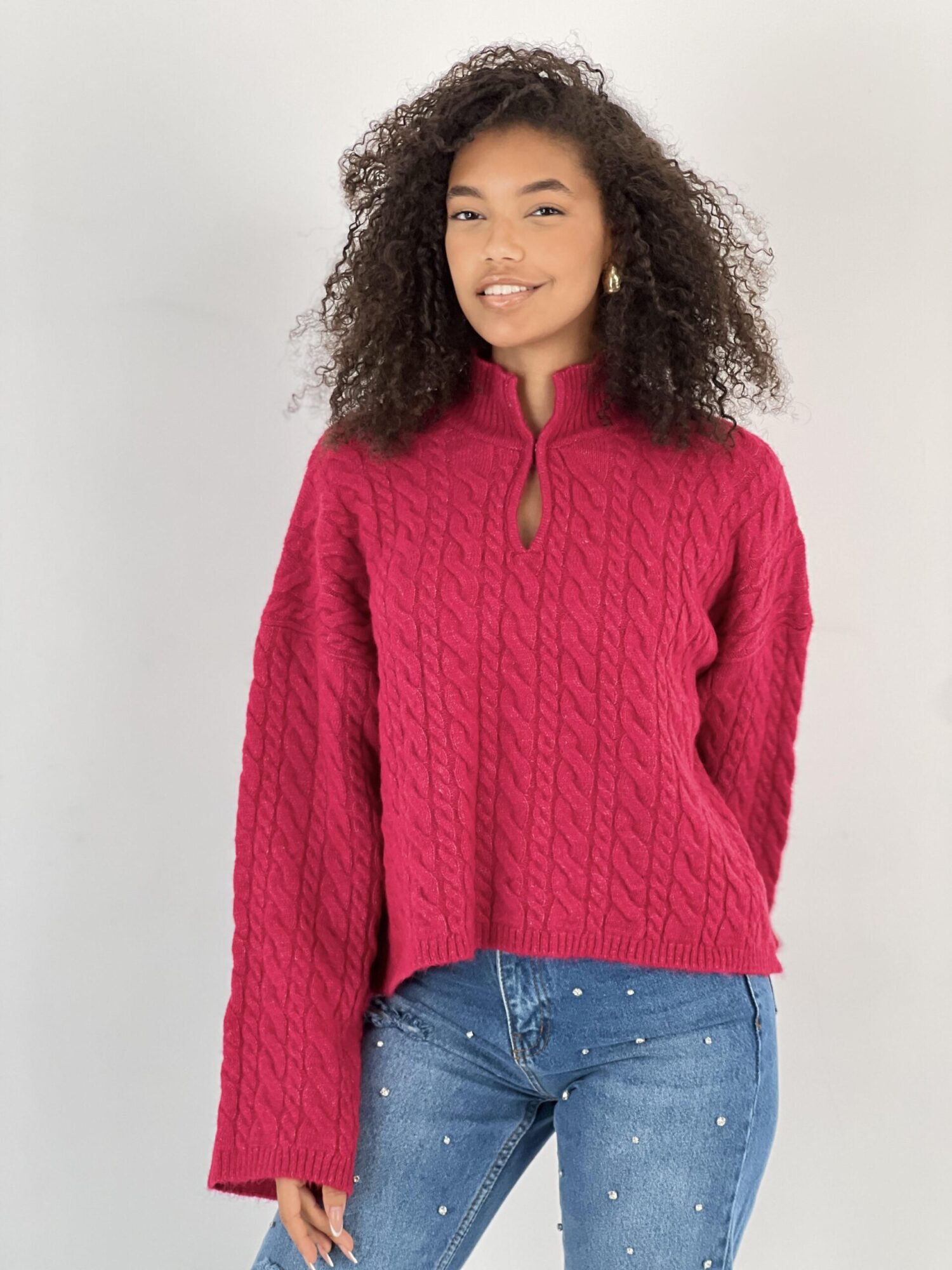 Fuchsia Sweater With Notched Neck And Long Sleeves - Brand: MISS POEM - Women & Kids, Baby Clothes Wholesale - Globality Store