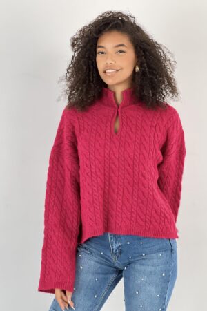Fuchsia Sweater With Notched Neck And Long Sleeves - Brand: MISS POEM - Women & Kids, Baby Clothes Wholesale - Globality Store