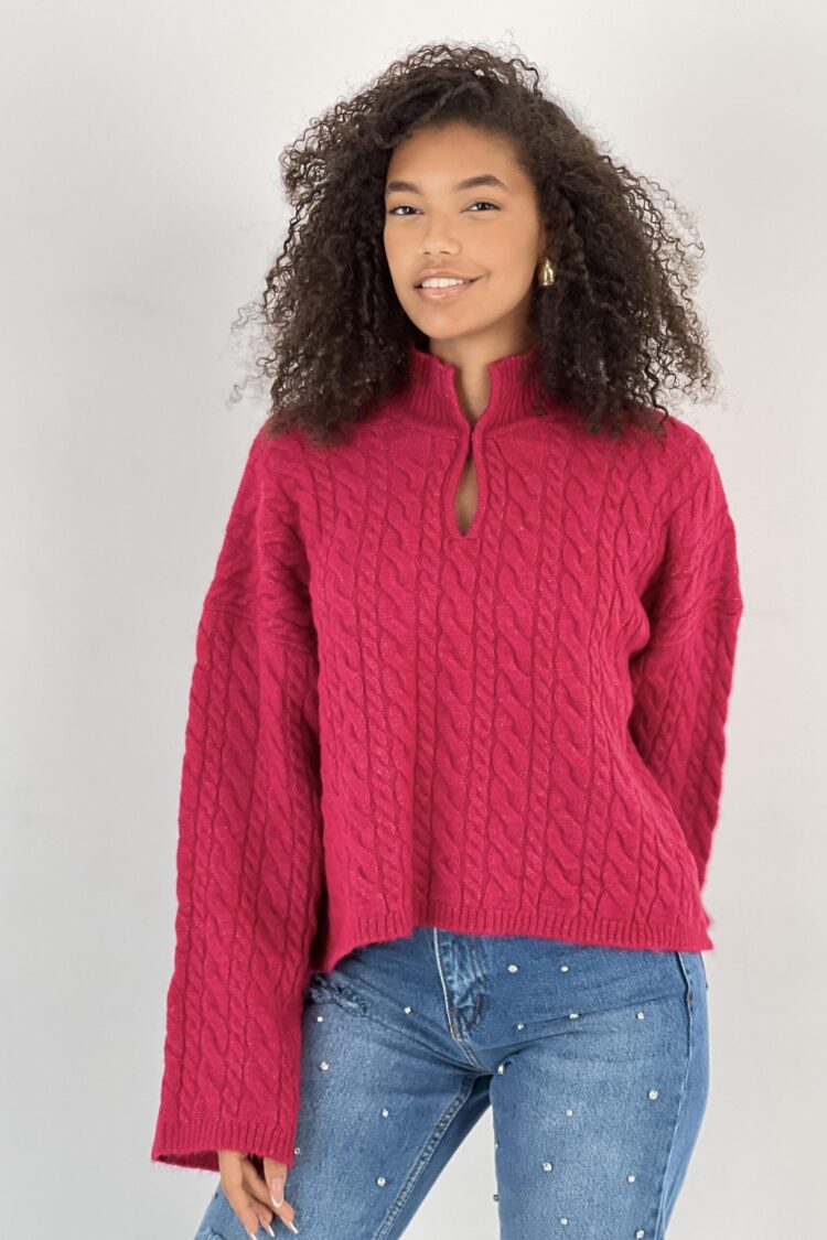 Fuchsia Sweater With Notched Neck And Long Sleeves - Brand: MISS POEM - Women & Kids, Baby Clothes Wholesale - Globality Store