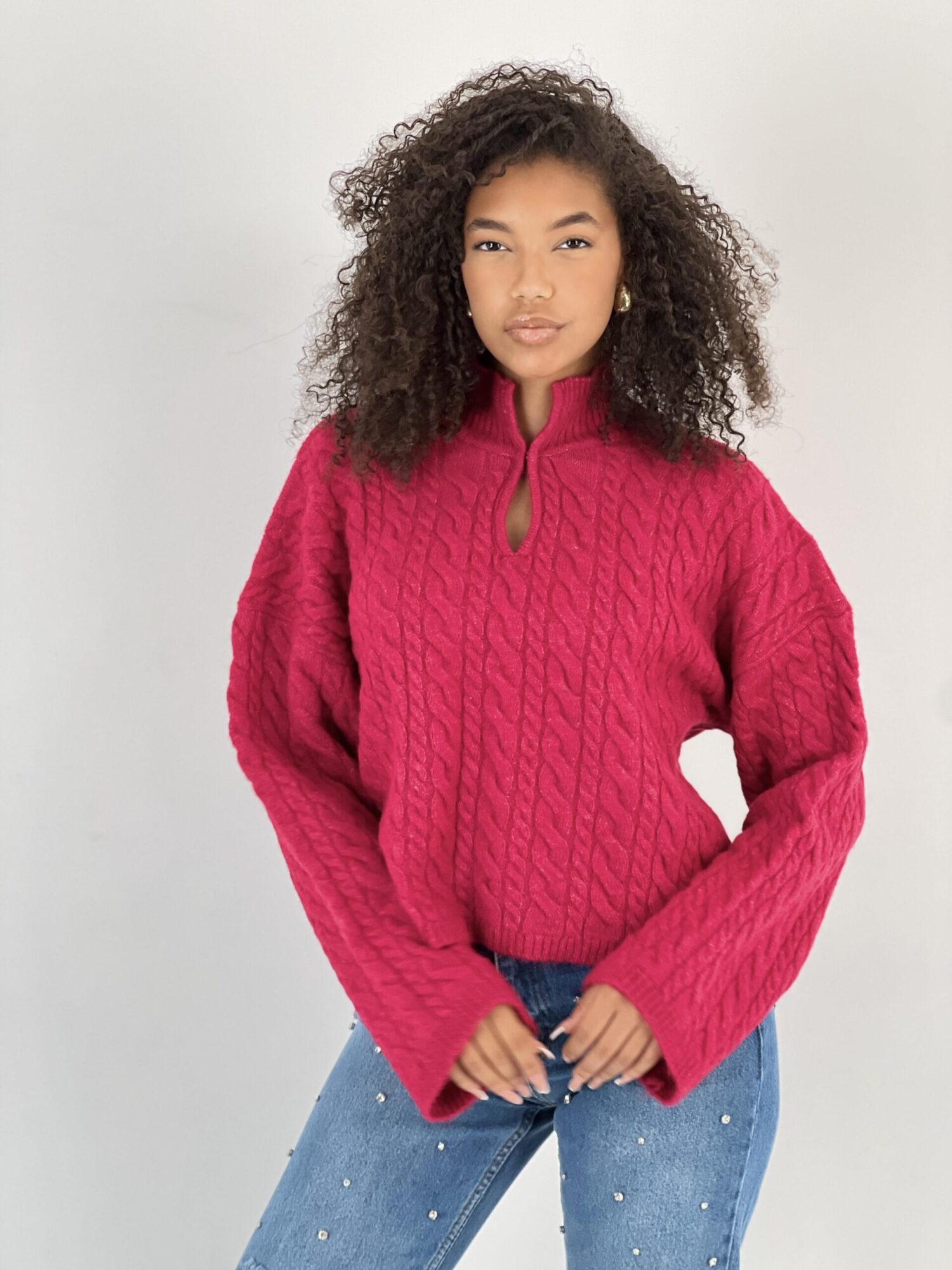 Fuchsia Sweater With Notched Neck And Long Sleeves - Brand: MISS POEM - Women & Kids, Baby Clothes Wholesale - Globality Store