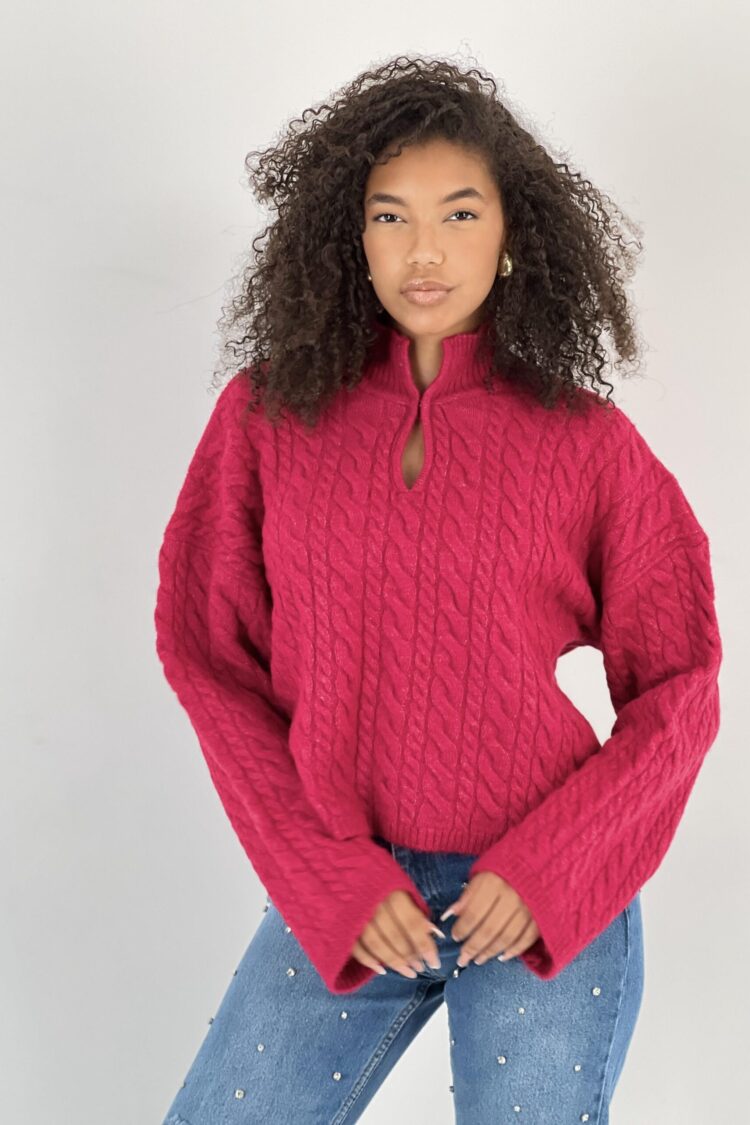Fuchsia Sweater With Notched Neck And Long Sleeves
