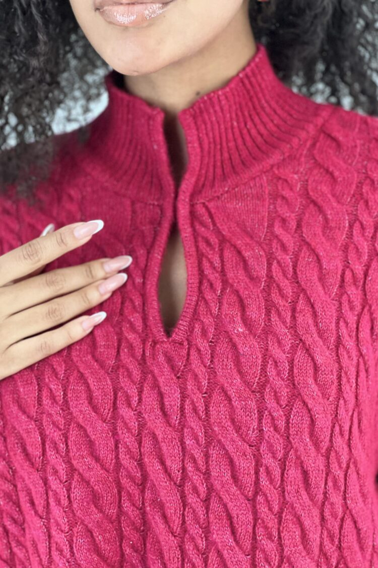 Fuchsia Sweater With Notched Neck And Long Sleeves