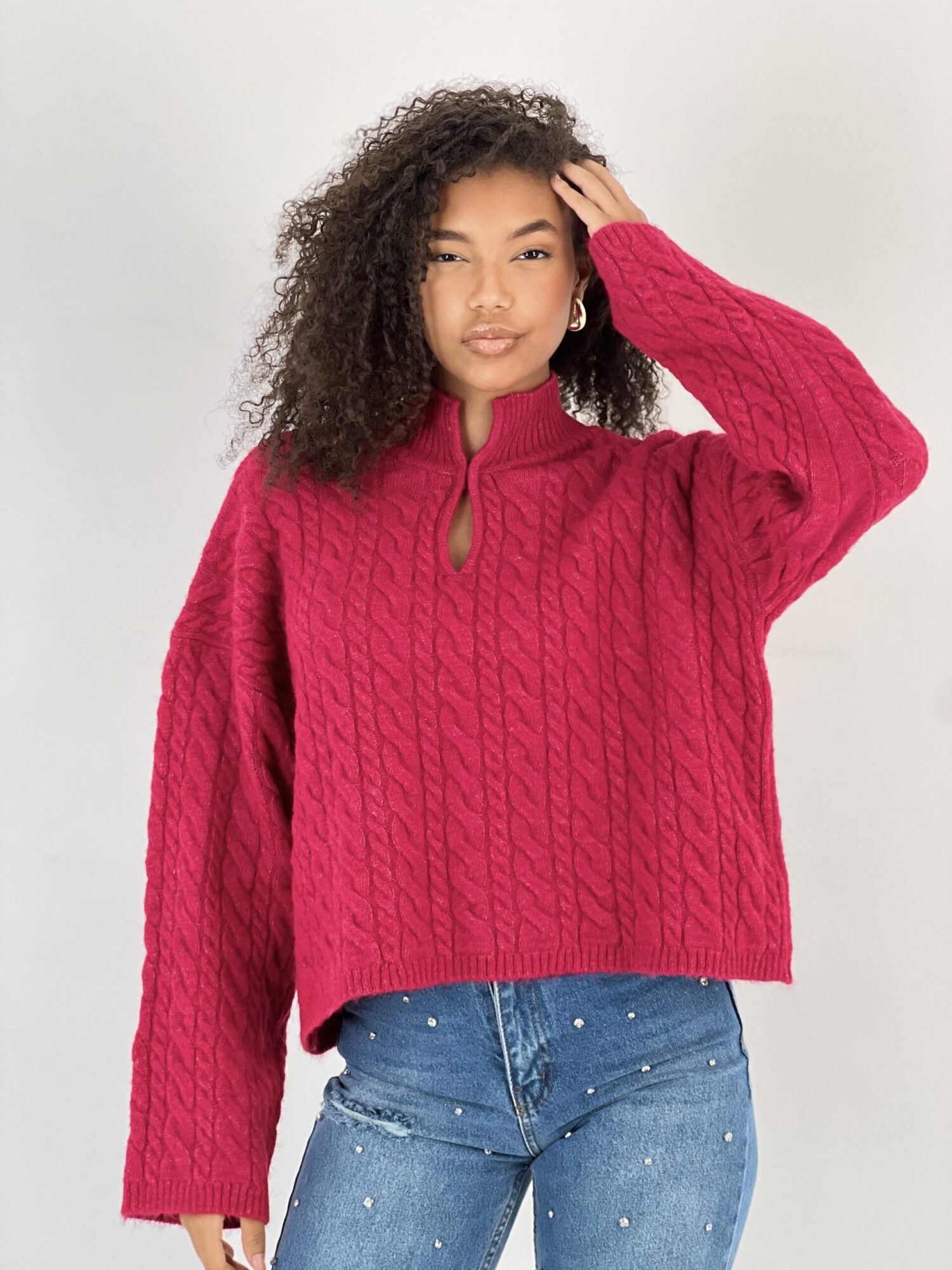 Fuchsia Sweater With Notched Neck And Long Sleeves - Brand: MISS POEM - Women & Kids, Baby Clothes Wholesale - Globality Store