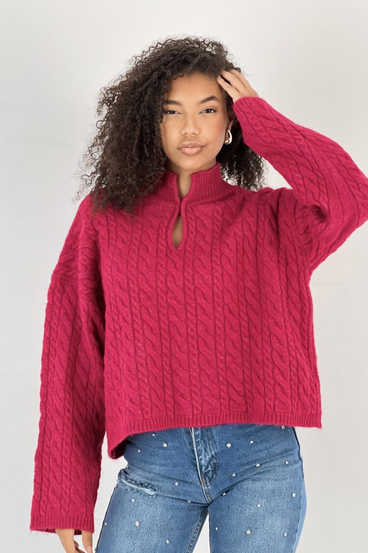 Fuchsia Sweater With Notched Neck And Long Sleeves