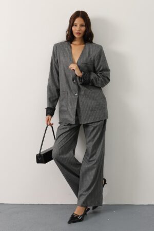 Striped Lace Detailed Palazzo Pants - Grey - Brand: Reyon - Women & Kids, Baby Clothes Wholesale - Globality Store