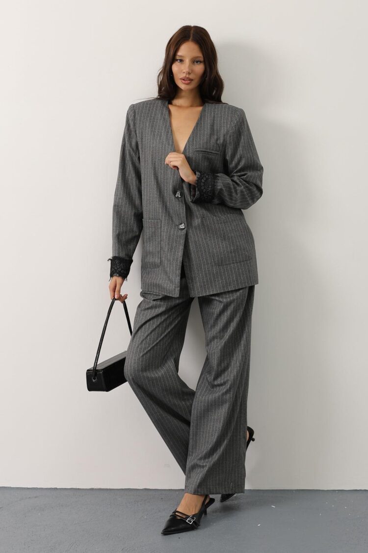 Striped Lace Detailed Palazzo Pants - Grey
