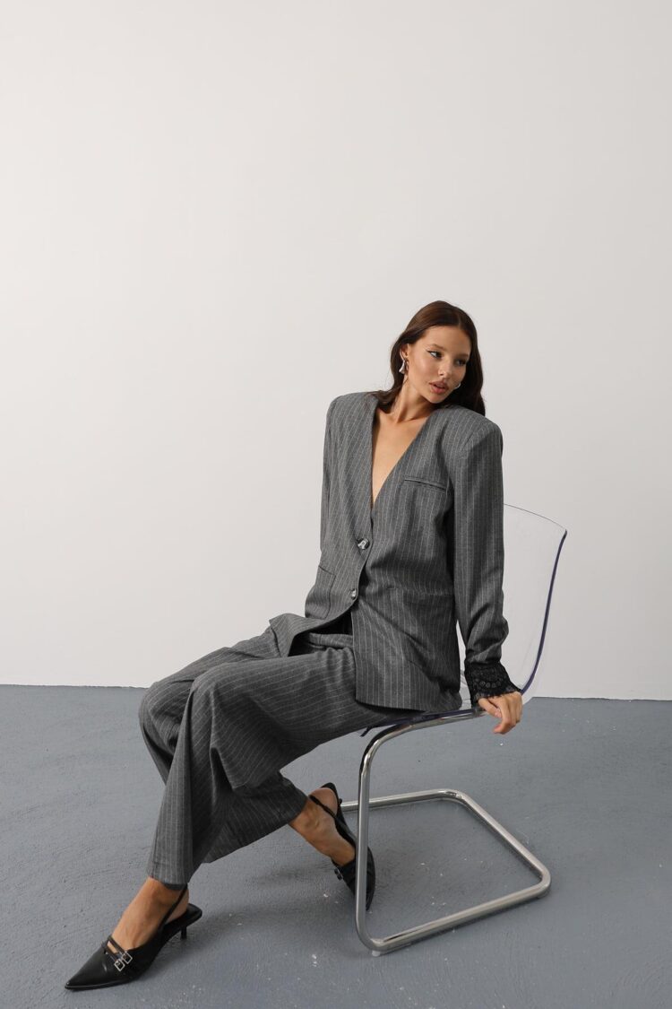 Striped Lace Detailed Palazzo Pants - Grey