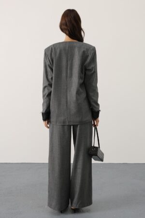 Striped Lace Detailed Palazzo Pants - Grey - Brand: Reyon - Women & Kids, Baby Clothes Wholesale - Globality Store